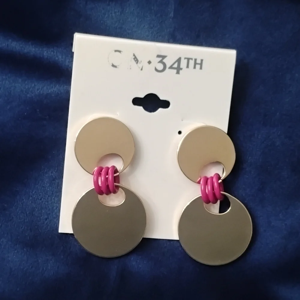 Art Deco Style Drop Earrings with Gold-Tone Disc & Fuchsia Rings by ON 34th NWT